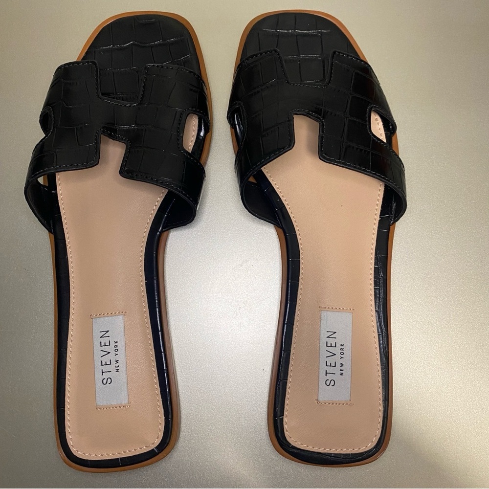 NEW STEVEN NEW YORK HARLIEN CROC EMBOSSED SLIDE SANDAL IN BLACK CROC - SIZE 8.5 - Picture 6 of 9